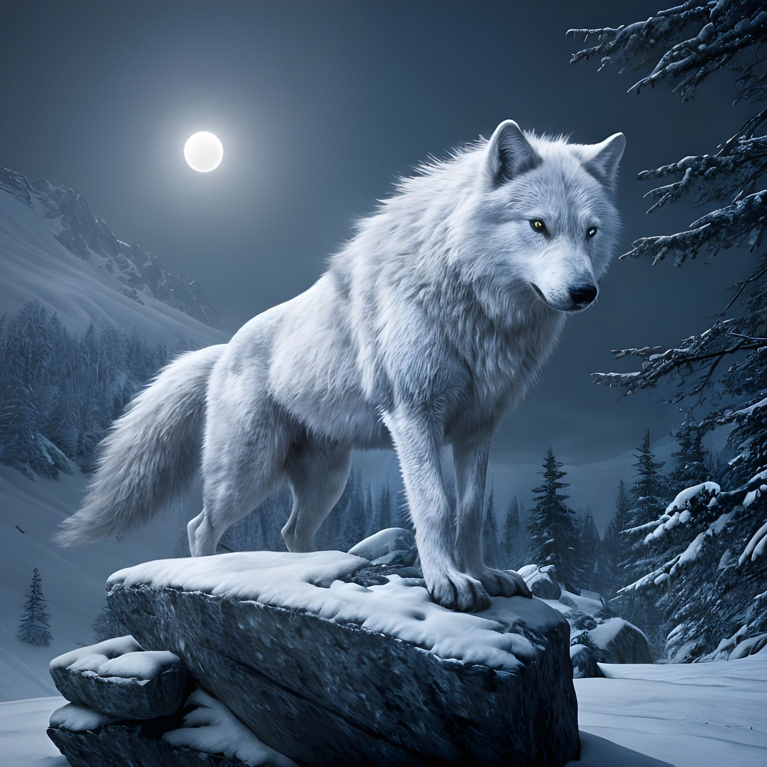 Lone White Wolf Stares Down From Rocky Perch