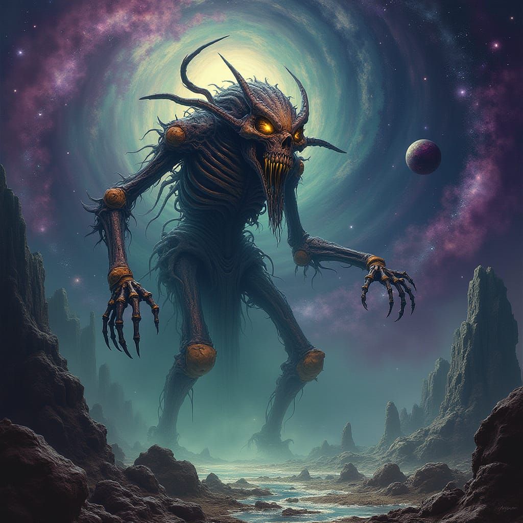 Cosmic Biomechanical Horror in Deep Purple Hues