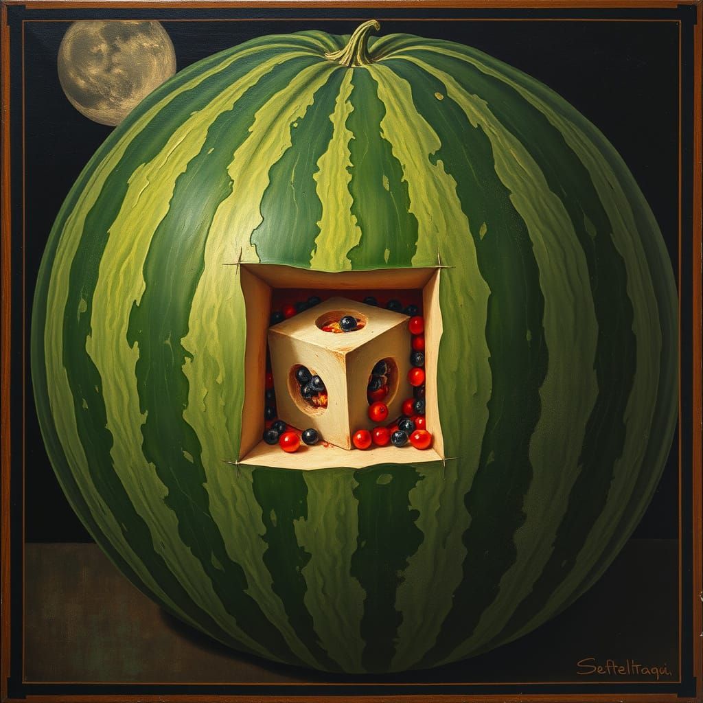 Watermelon with Missing Cube: An Eldritch Art Nouveau Painti...