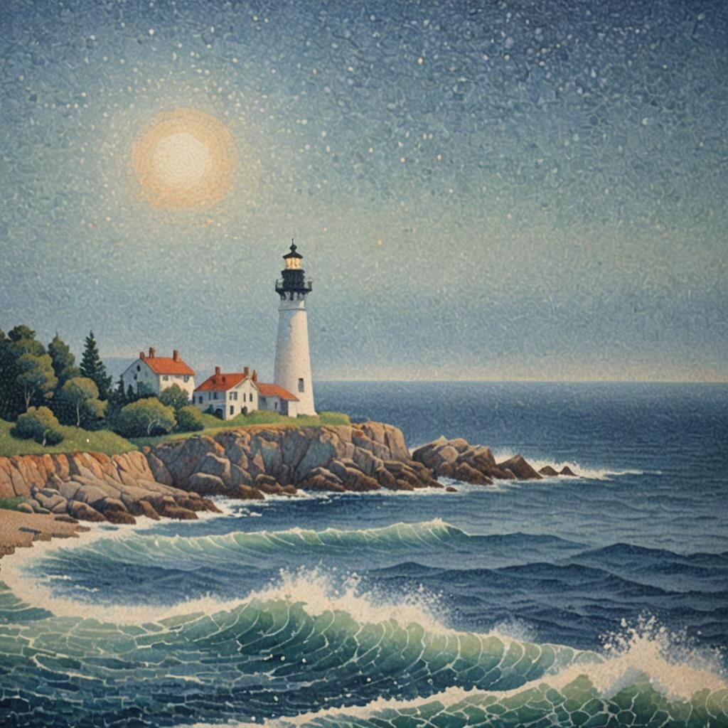 Pointillist Lighthouse Seascape in Impressionist Style