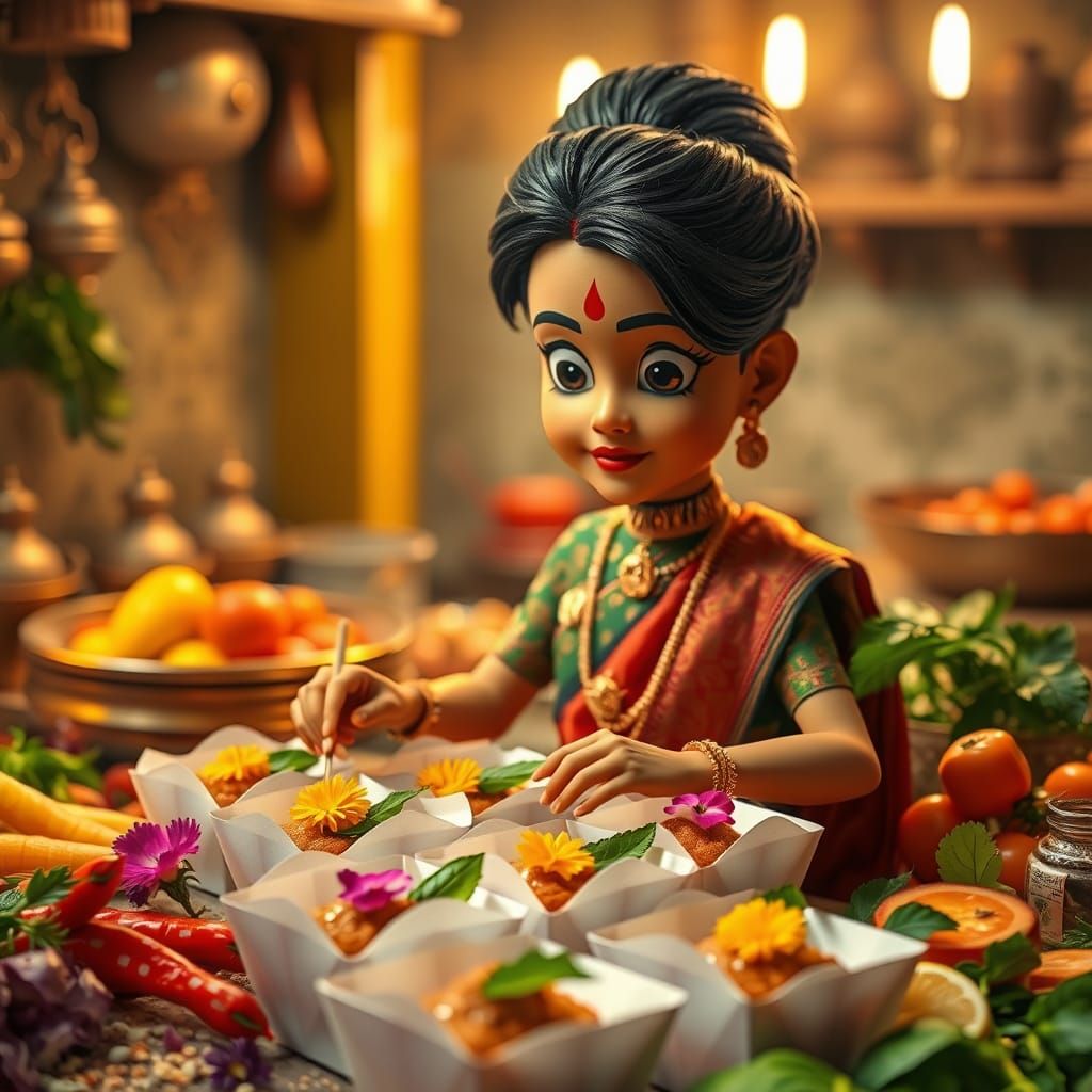 Vibrant Indian Kitchen Scene with Traditional Dessert