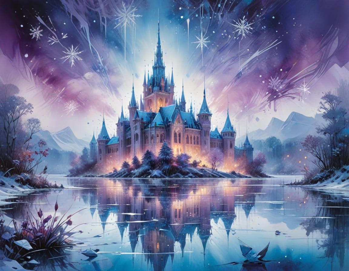 Icy Glass Palace in Frozen Lake: Watercolor Art