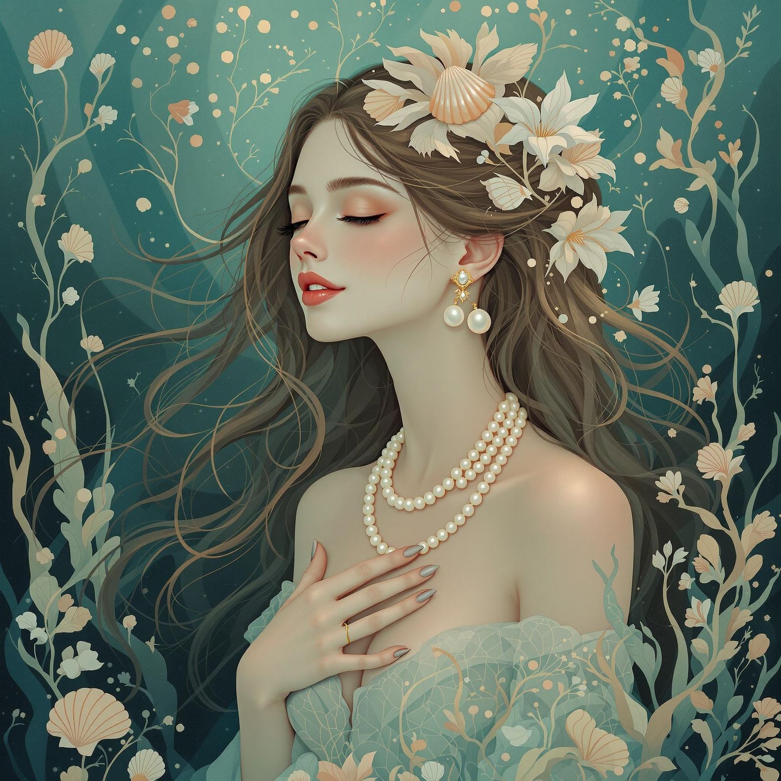 Ethereal Renaissance Maiden in Underwater Art Nouveau Dream