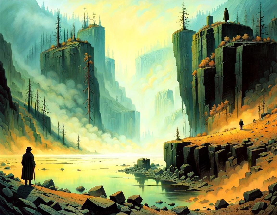 Surreal Basalt Lake Quarry Landscape in Morning Fog