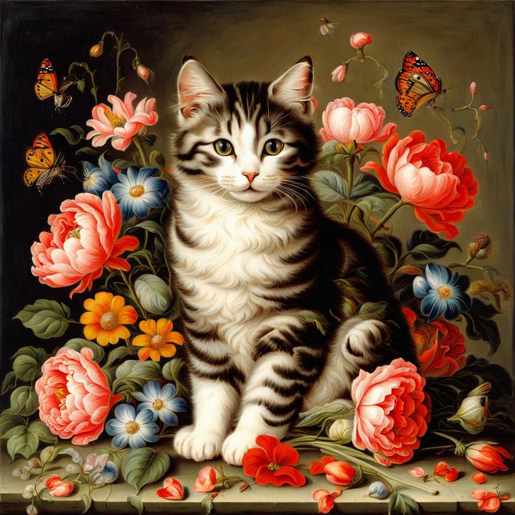 Cute Cat Surrounded by Flowers and Heart Lights