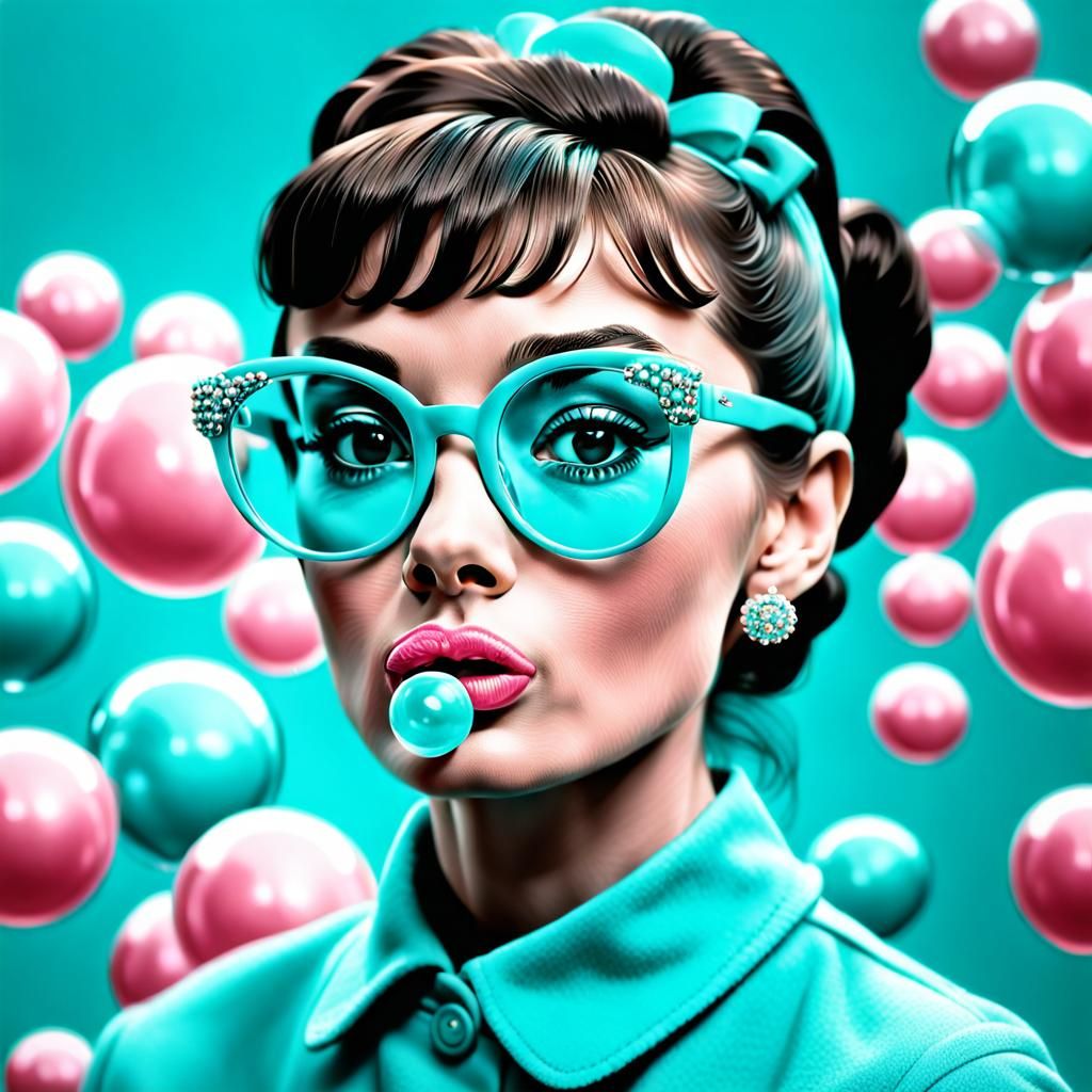 Audrey Hepburn in Tiffany Blue Glasses, Hyperrealistic