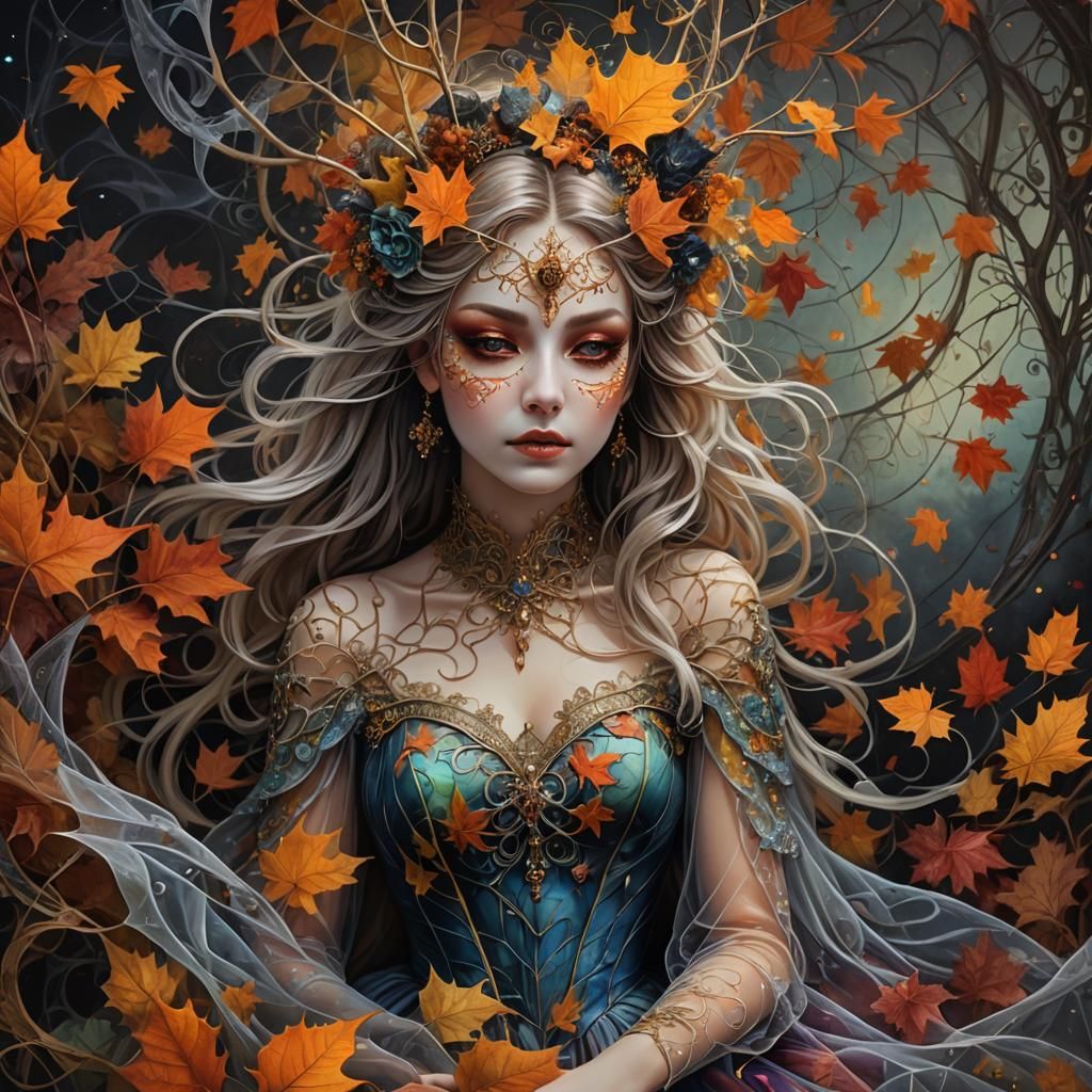 Surreal Autumn Dreamer in Ornate Gown