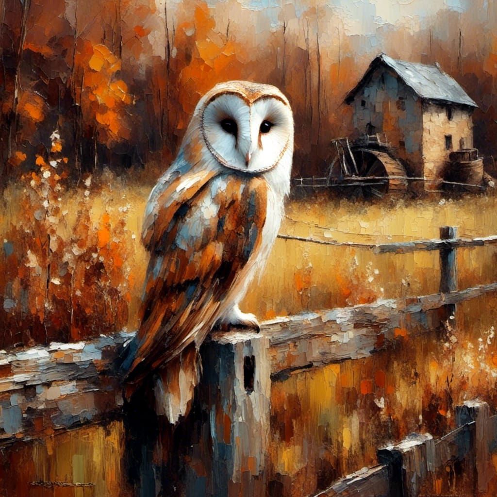 Barn Owl in Autumnal Impasto Oil Painting