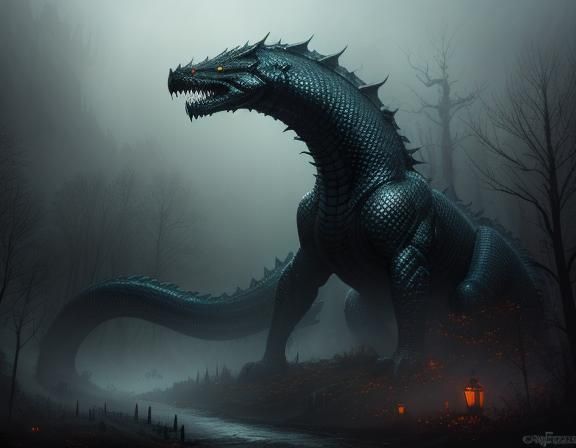 Giant Snake Monster Emerges from Mist