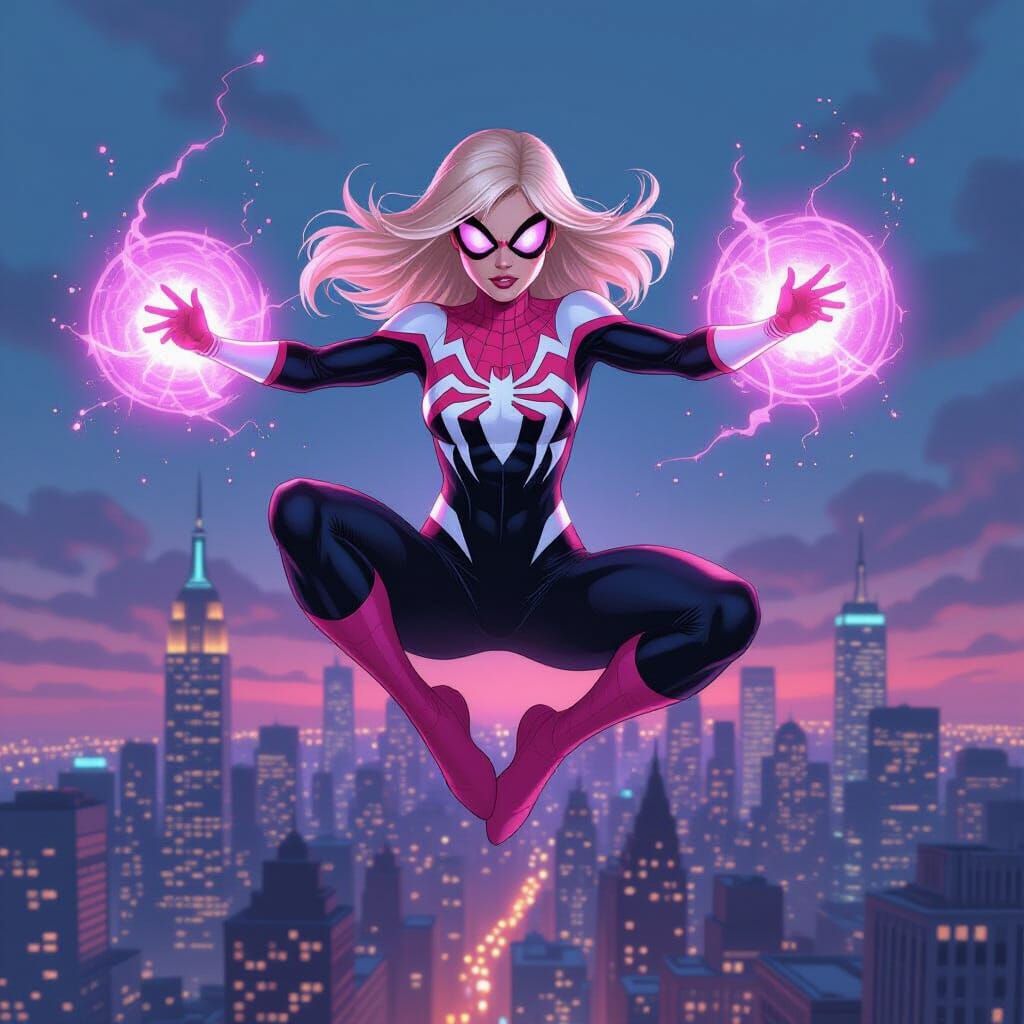 Spider-Gwen with Cosmic Powers Over New York
