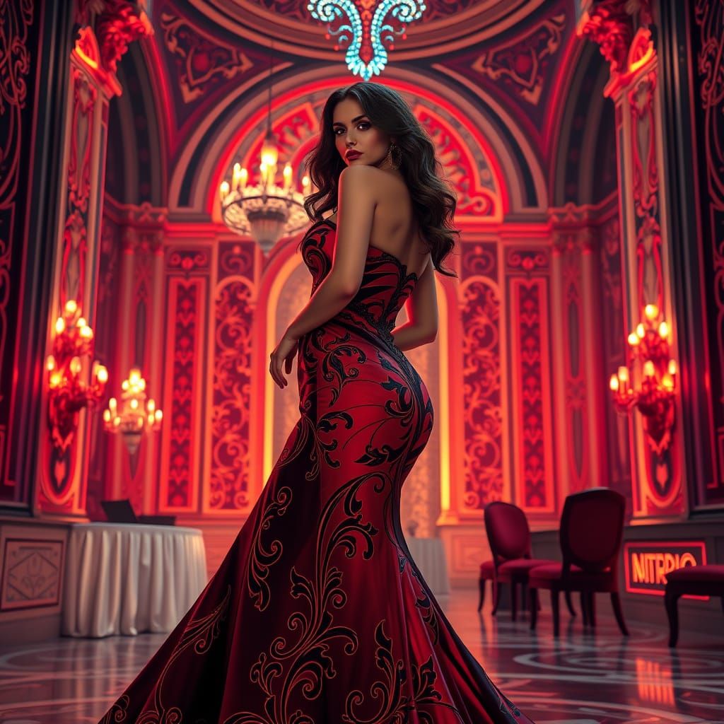 Elegant Cyberpunk Goddess in Art Nouveau Ballroom