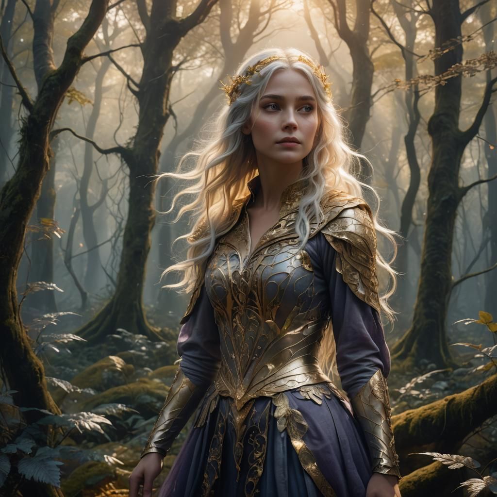 Girl with Golden and Silver Hair in Mystical Forest