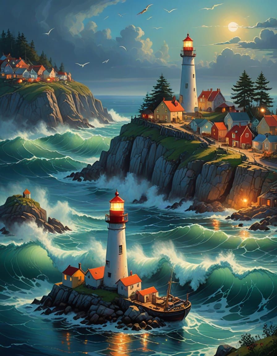 Vibrant Coastal Scene with Shamanic Figures and Luminous Cha...