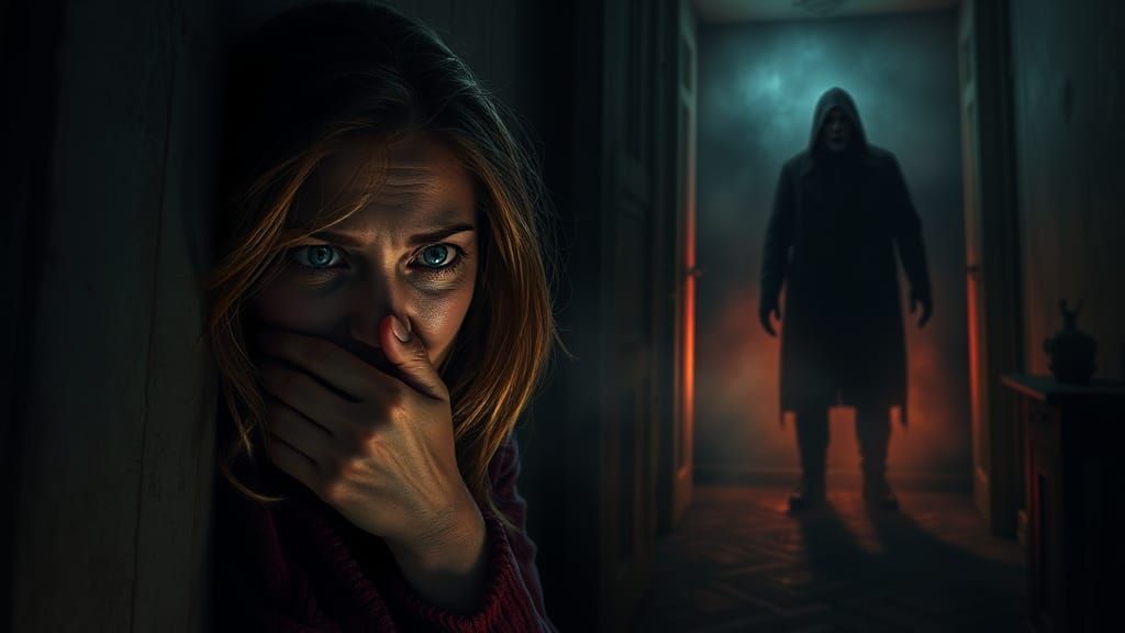 Terrified Woman Hiding from Psycho Killer in Dark Room