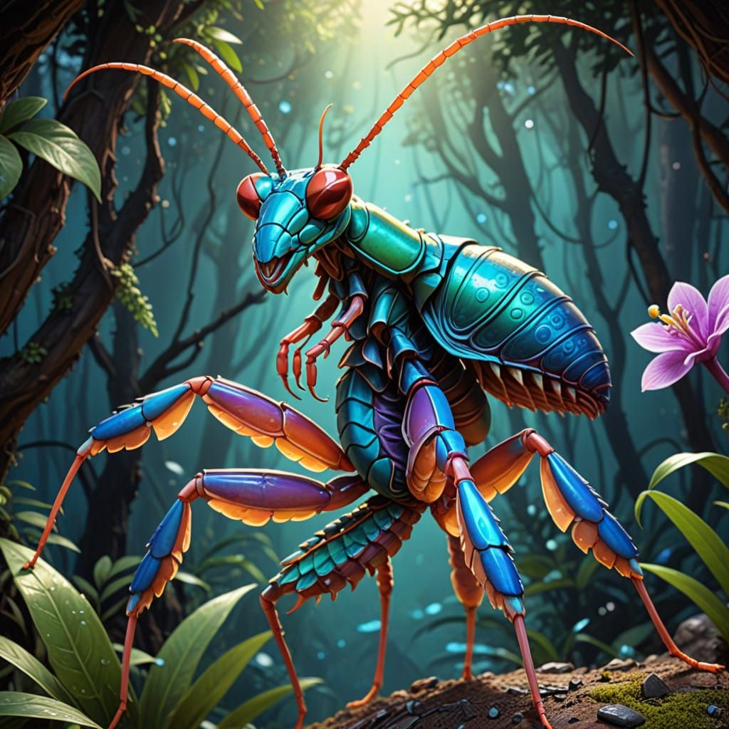 Extraterrestrial Mantis-Shrimp Aliens in Lush, Iridescent La...