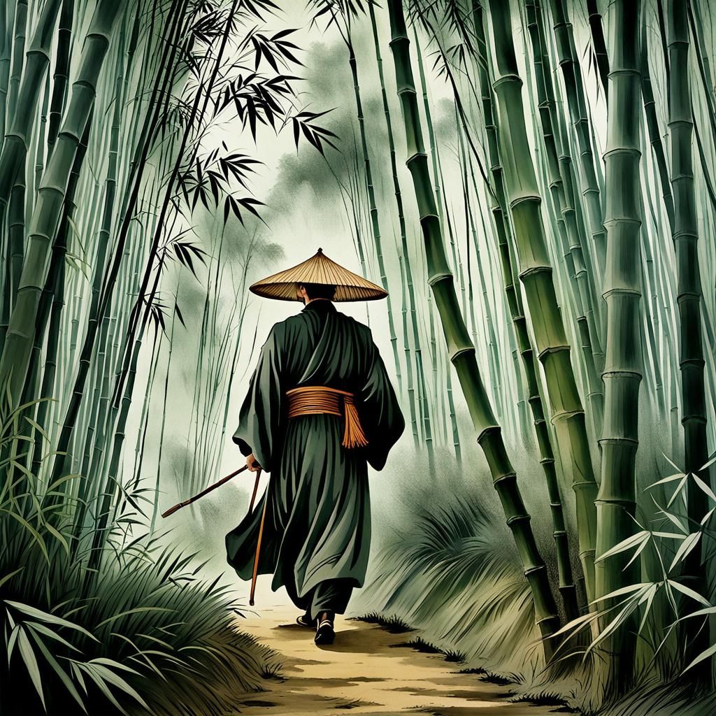 Poet in Bamboo Grove Ink Wash Painting