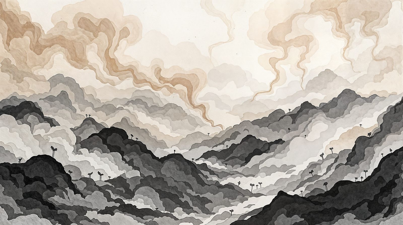 Ethereal Smoke Drifts Across a Worn Paper Landscape