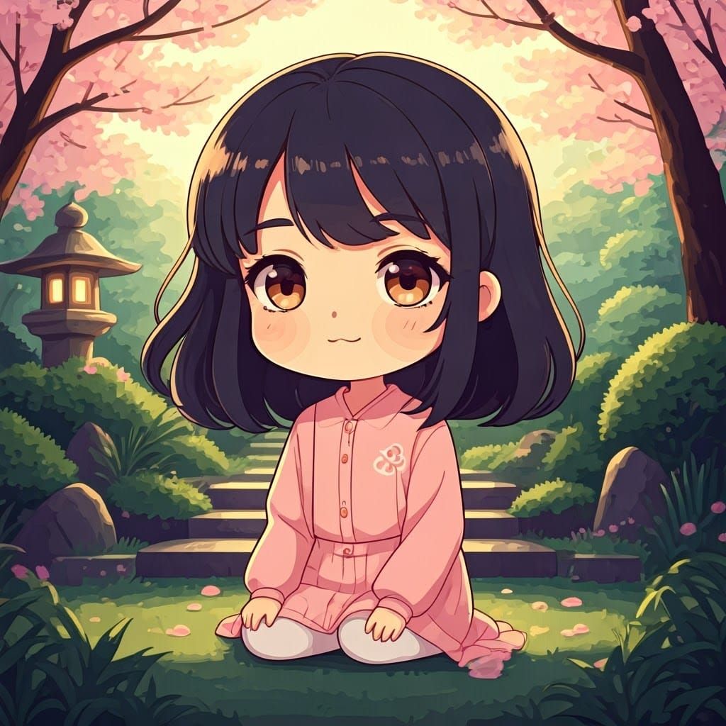 Chibi Woman in Japanese Garden, Anime Style