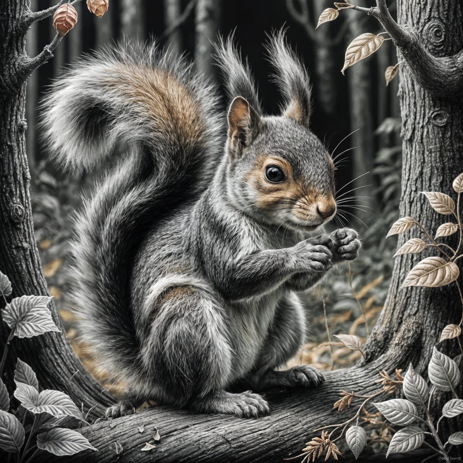 Intricate Chalk Drawing of Squirrel in Forest