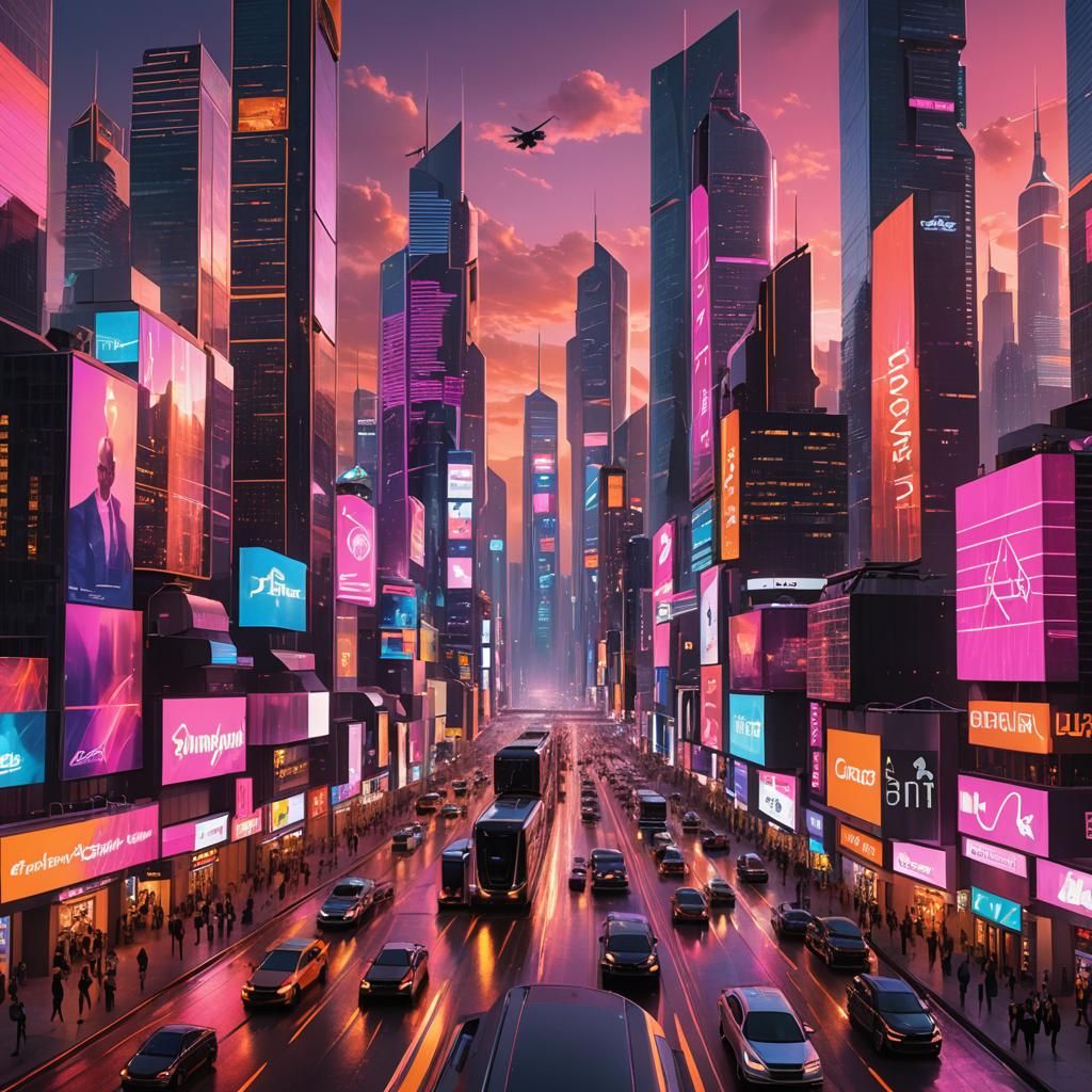 Futuristic Cityscape at Sunset in Cyberpunk Style