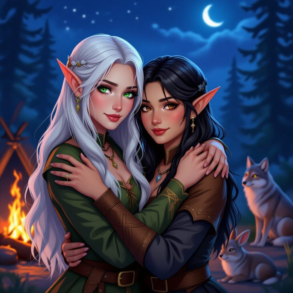 Two Elf Women Hugging by Campfire at Night