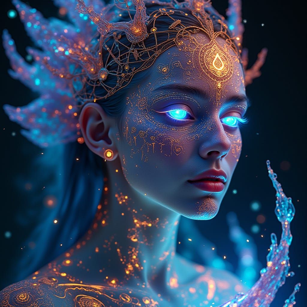 Futuristic Queen with Neon Tattoos and Mayan Symbols