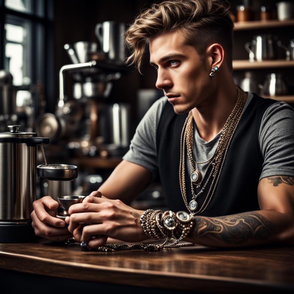 Hyperrealistic Barista with Jewelry in HDR