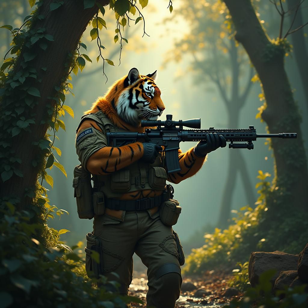 Bengal Tiger Anthro Sniper in Mystic Forest