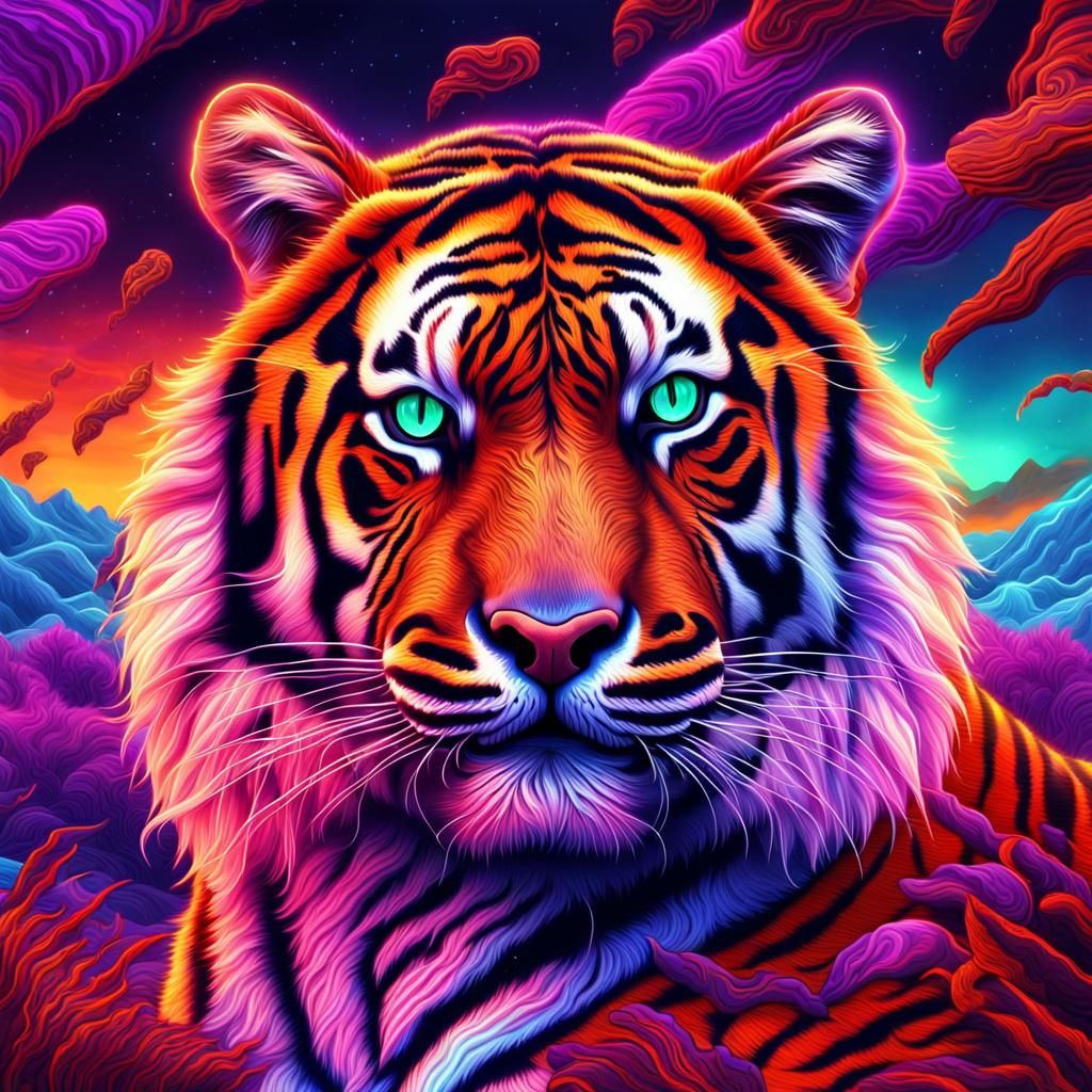 Neon Tiger in Fiery Surreal Landscape: Digital Art