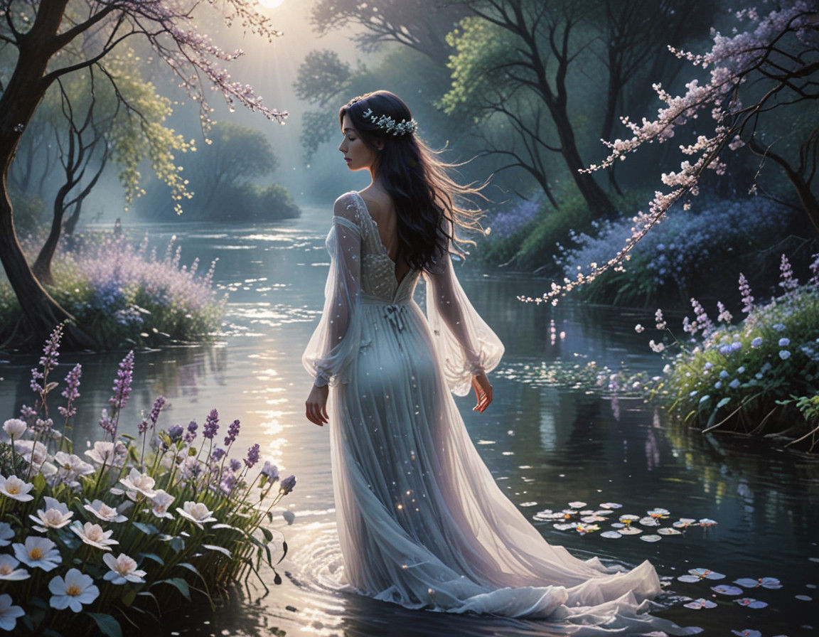 Ethereal Woman Emerges from Blossoming Trees in Soft Focus I...