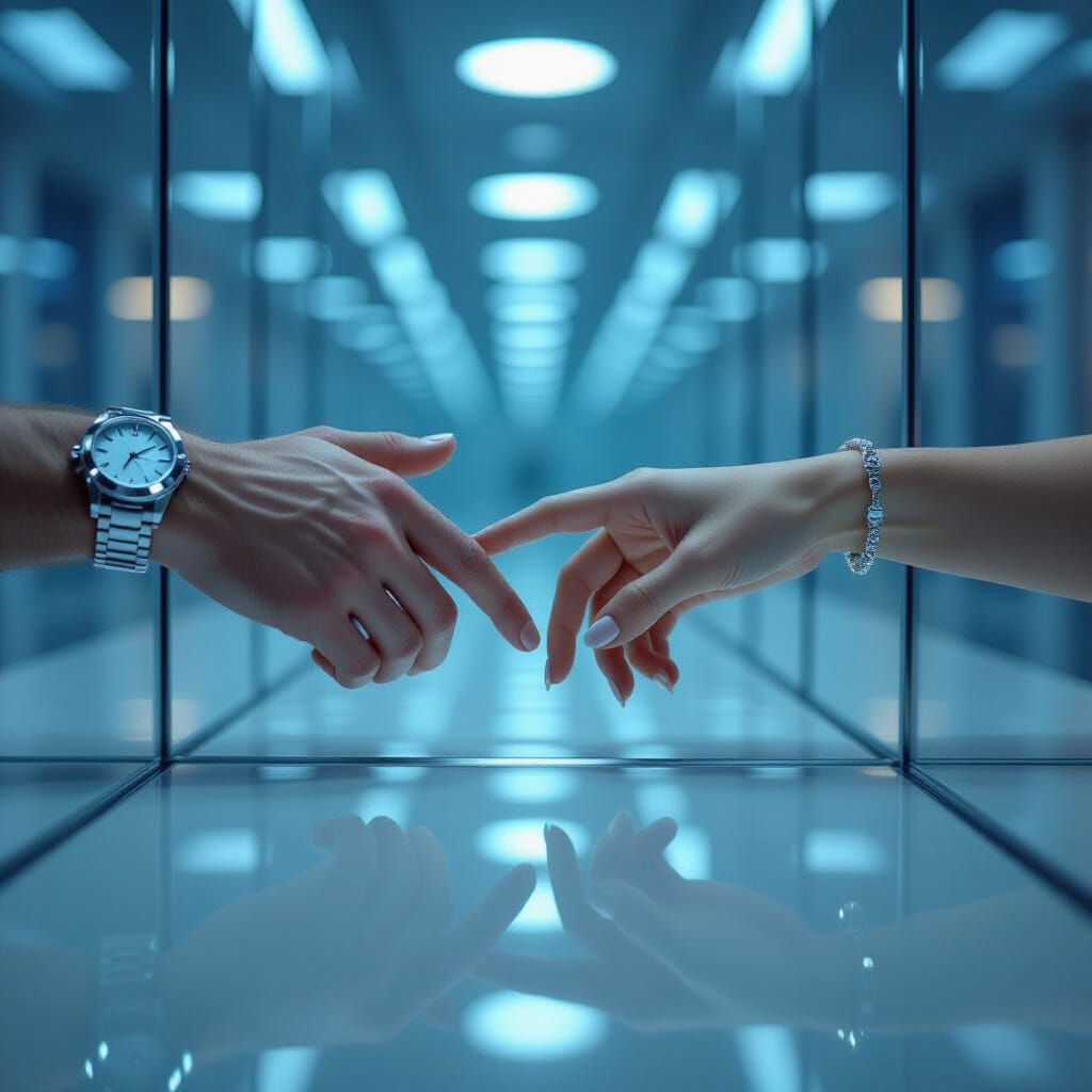 Hands Reach Across Glass in Hyperrealistic Style