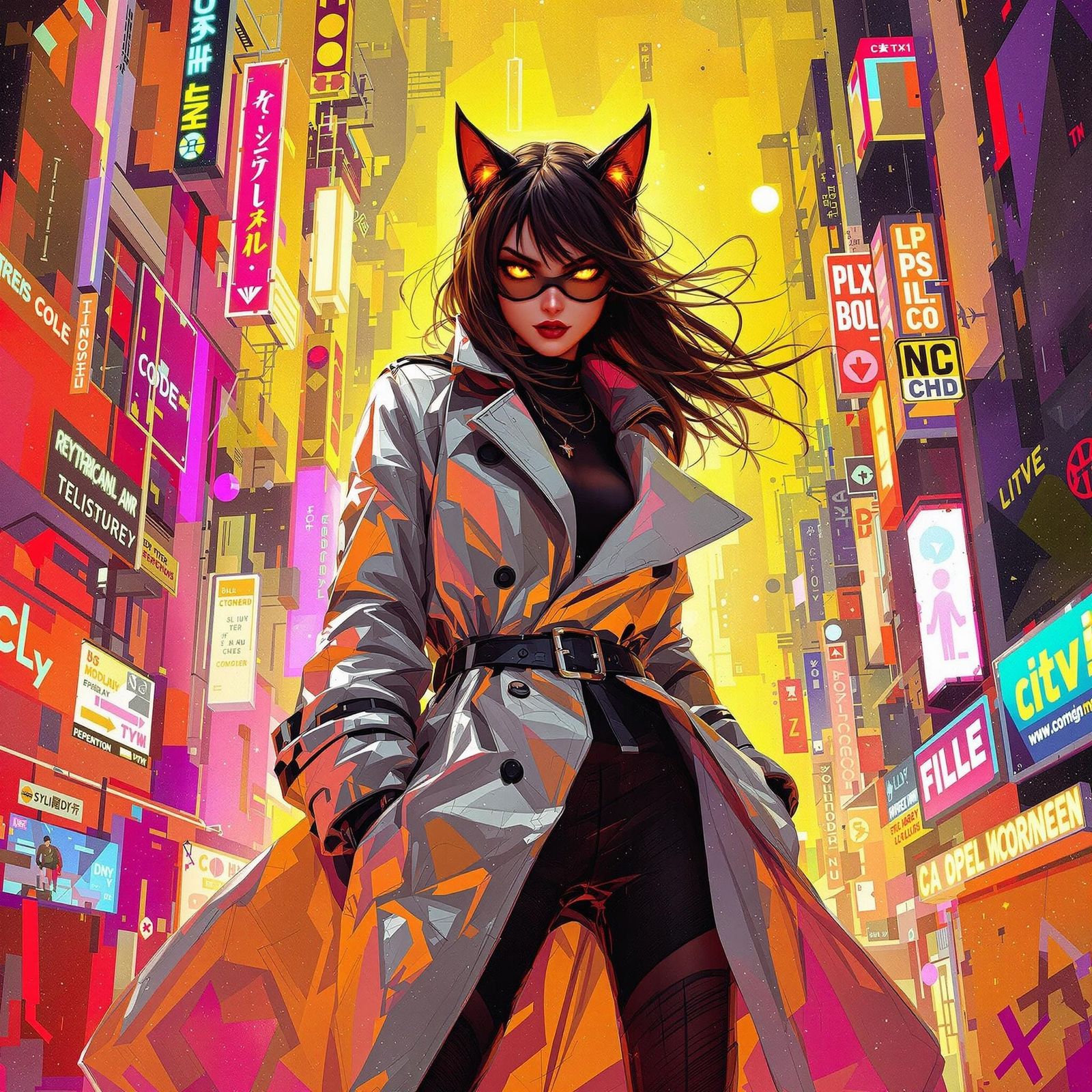 Cyberpunk Cat-Eyed Hacker in Neon Cityscape