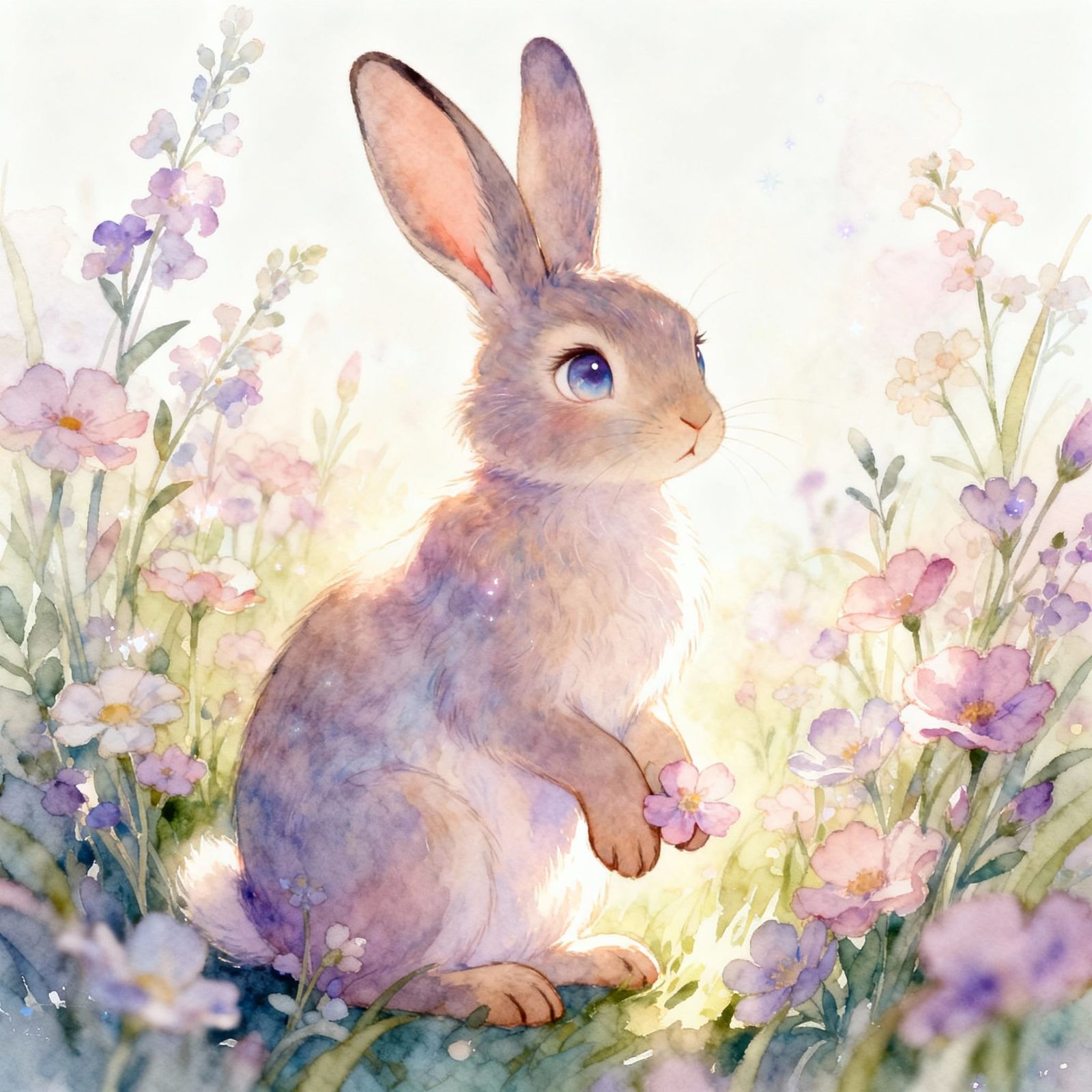 Enchanting Bunny in Wildflower Meadow Watercolor Painting