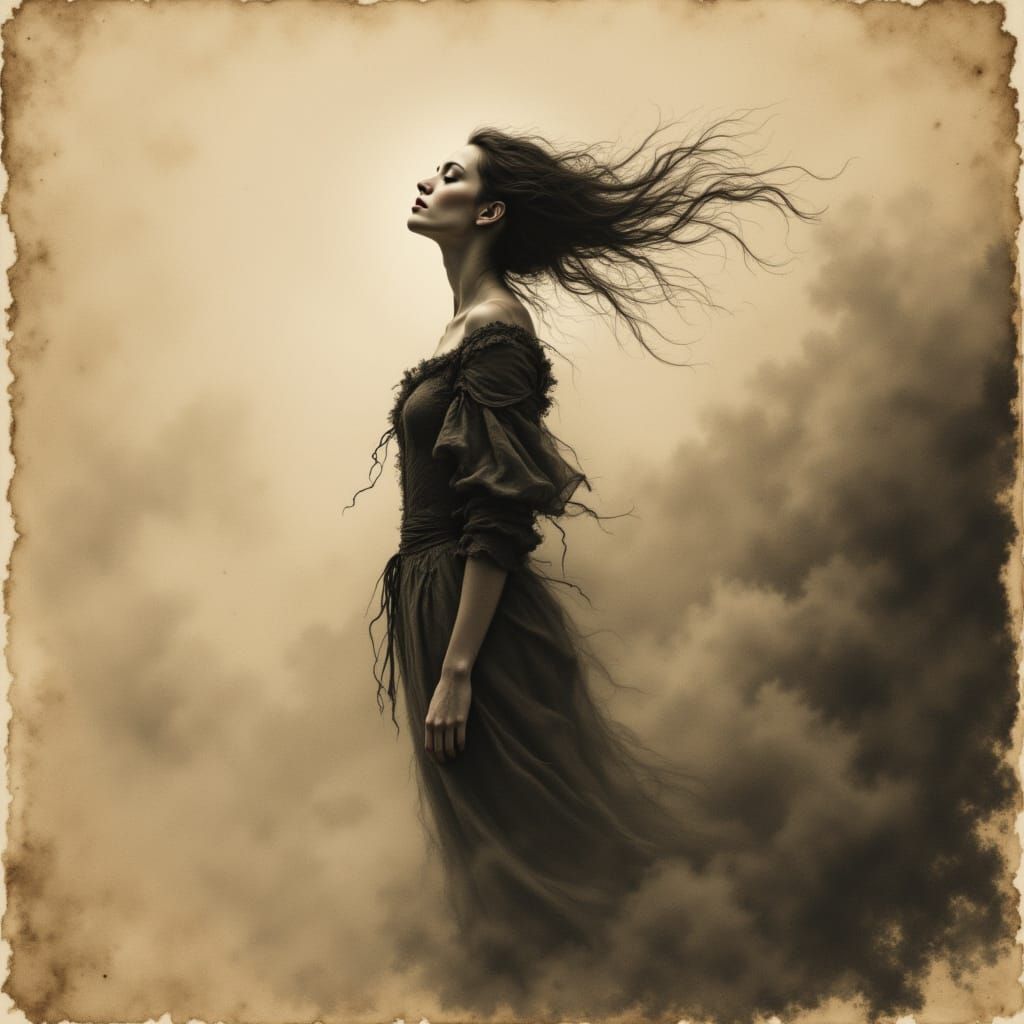 Sepia Portrait of Figure Dissolving into Mist