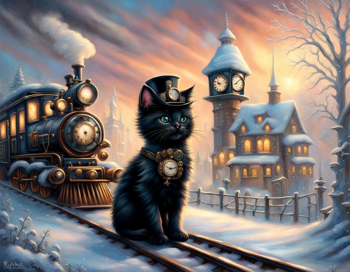Steampunk Kitten Conductor in Winter Wonderland