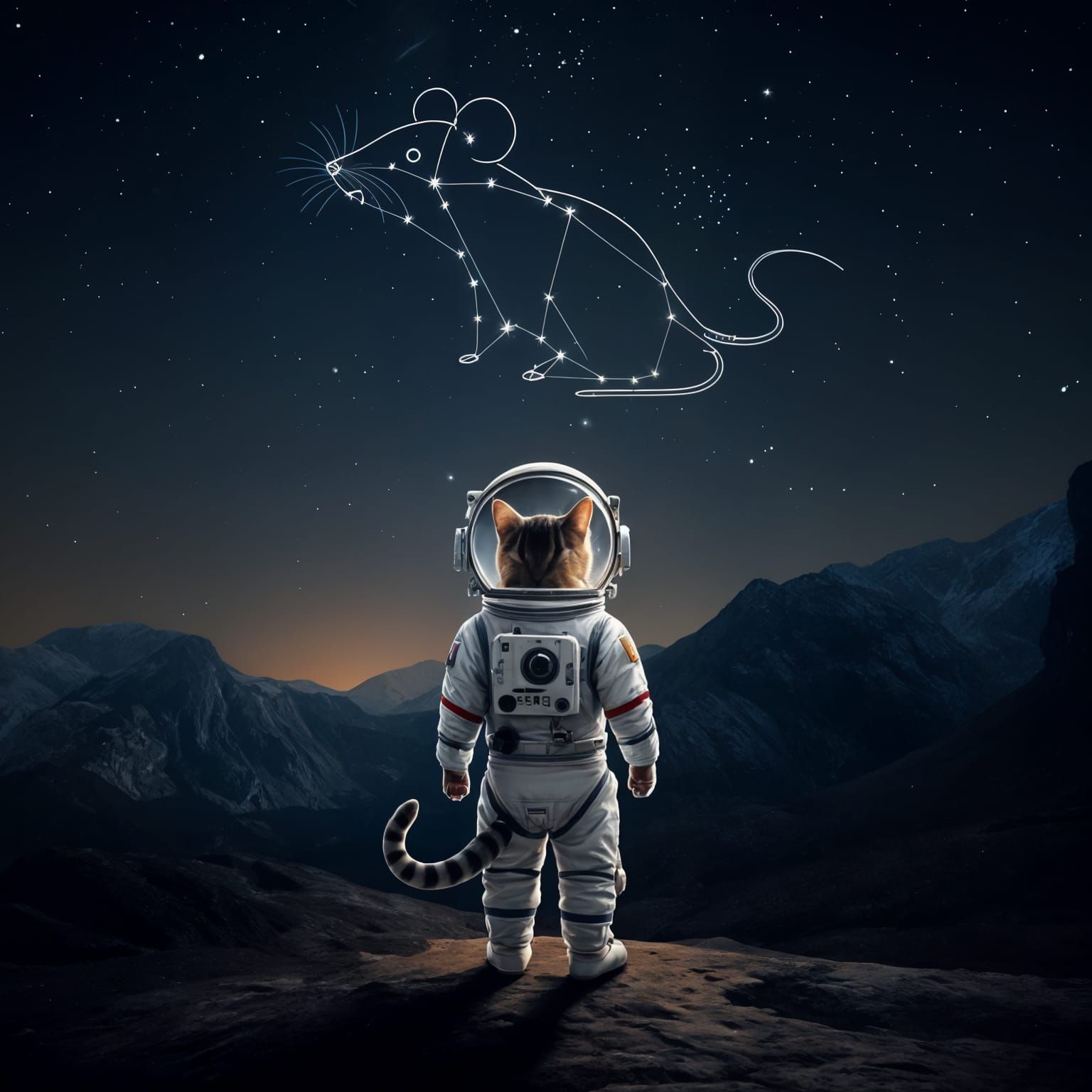 Astronaut Cat Contemplates Celestial Mouse Constellation
