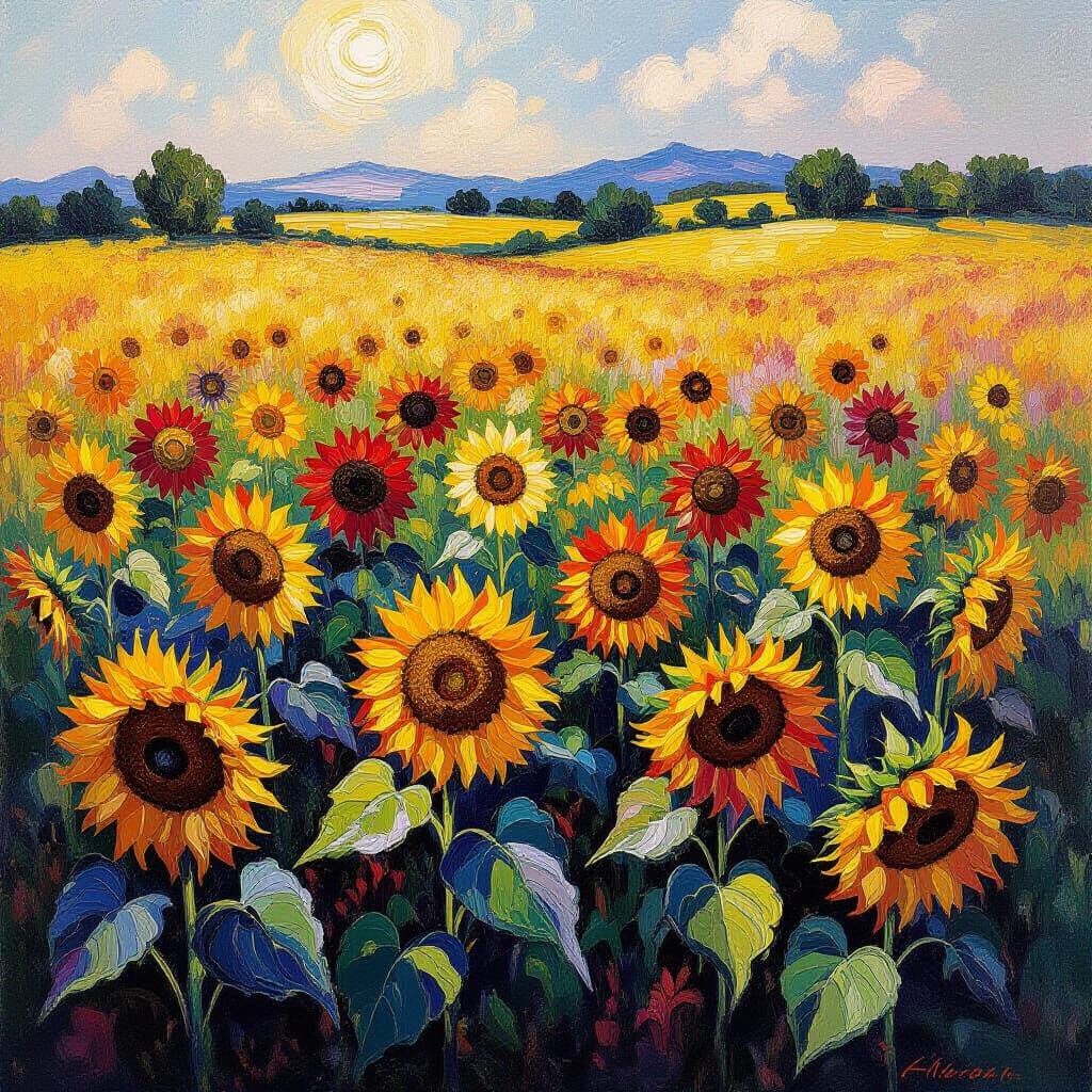 Impressionist Sunflowers Turning Purple in Late Afternoon Li...