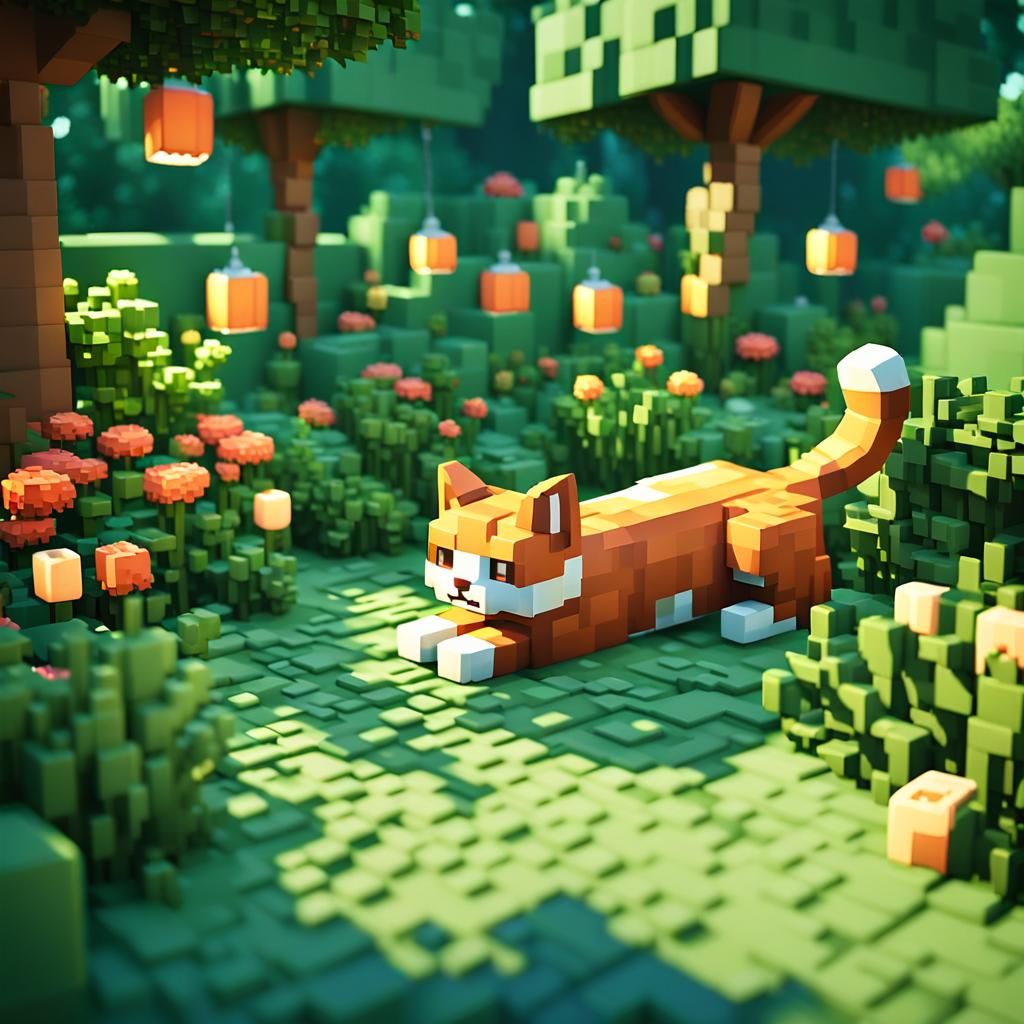 Ginger Voxel Cat Sleeping in Minecraft Garden