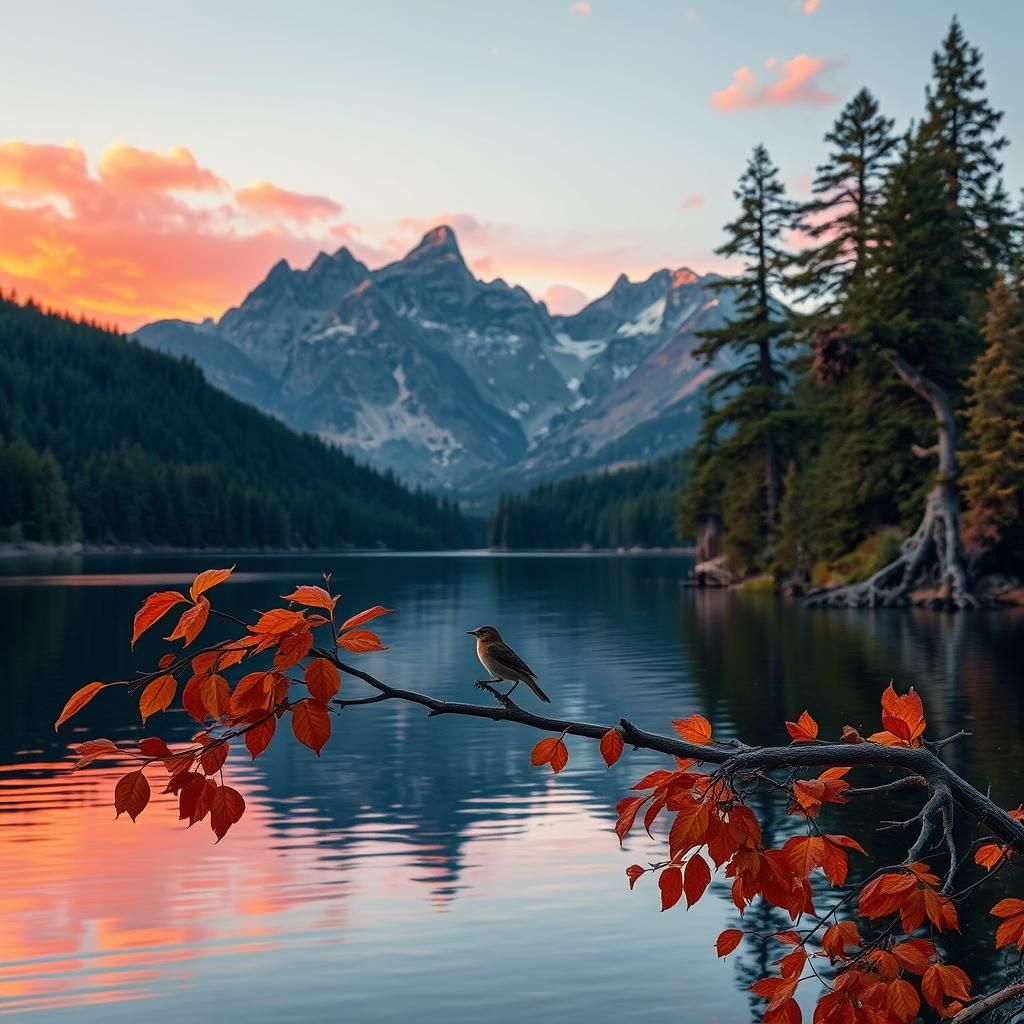 Sunset Lake Landscape with Songbird Silhouette