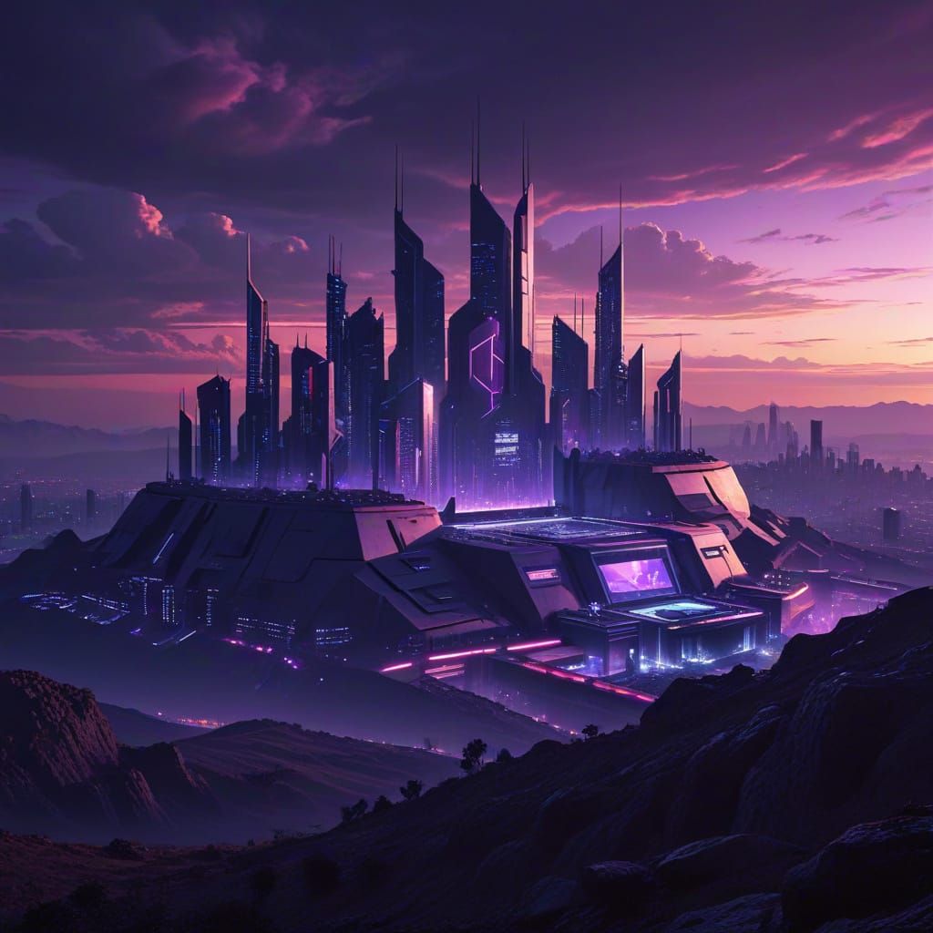 Cyberpunk Citadel with Max Headroom at Sunset