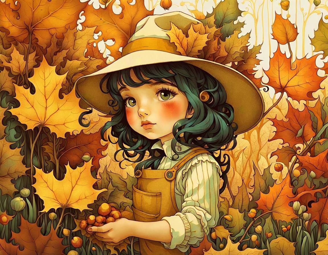 Chibi Gardener in Golden Autumn, Pre-Raphaelite Style