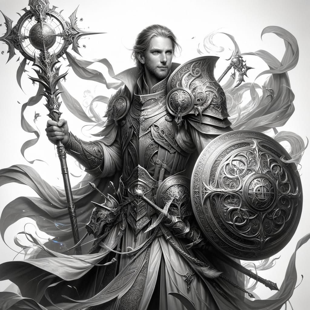 Cleric with Staff and Shield in Grayscale Fantasy Art