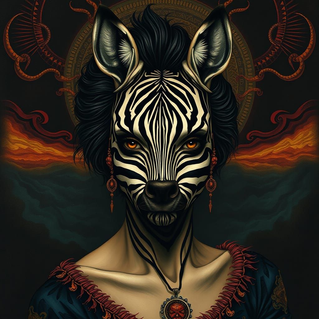 Surrealist Portrait in Dark, Velvety Realism with Zebra Stri...