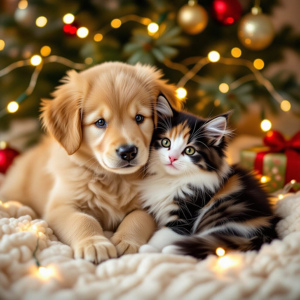 Golden Retriever Puppy and Calico Kitten Embrace Christmas S...