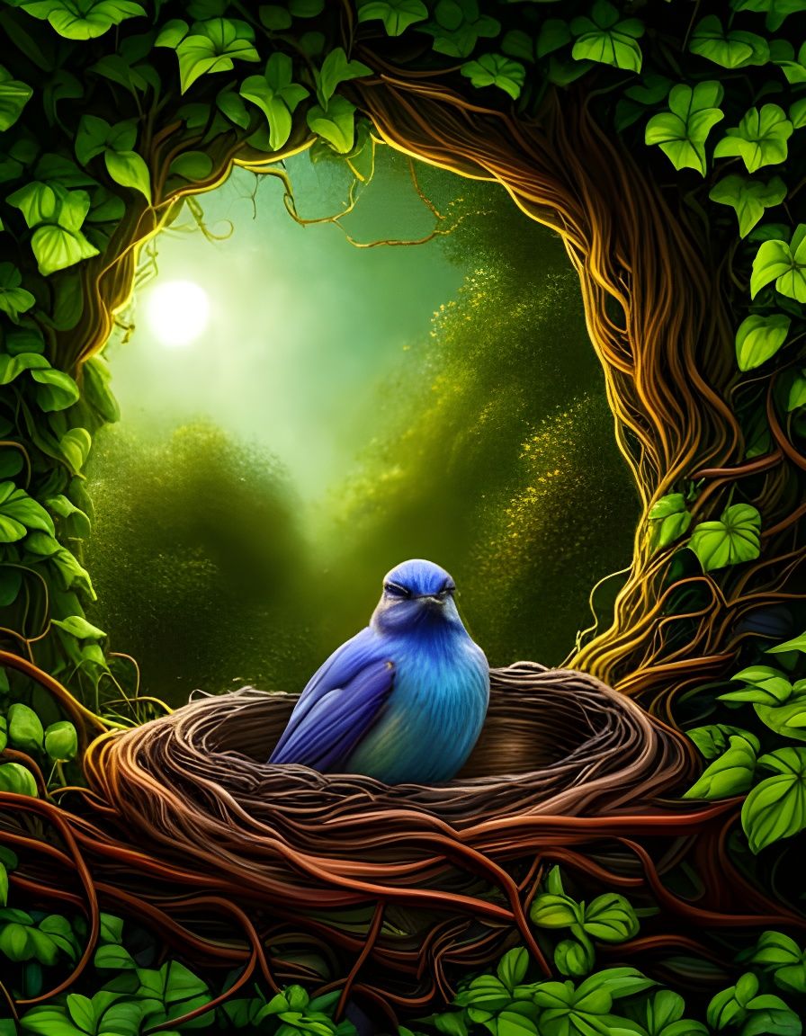 Fluffy Bird in Ivy Nest: Fantasy Concept Art