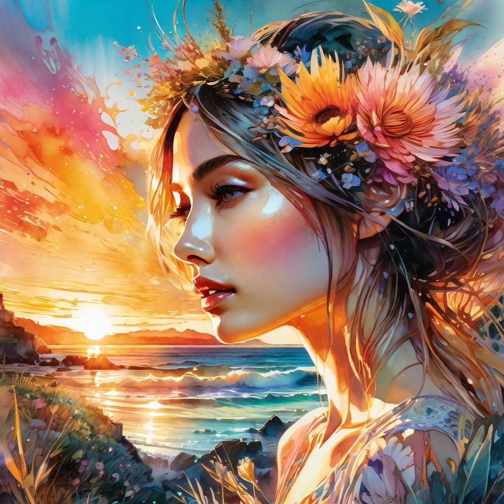 Summerscape Sunset: Digital Watercolor Illustration