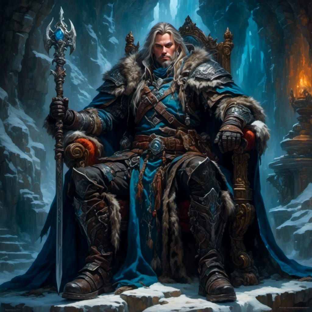 Oil Painting of Arthas Menethil sitting on the throne