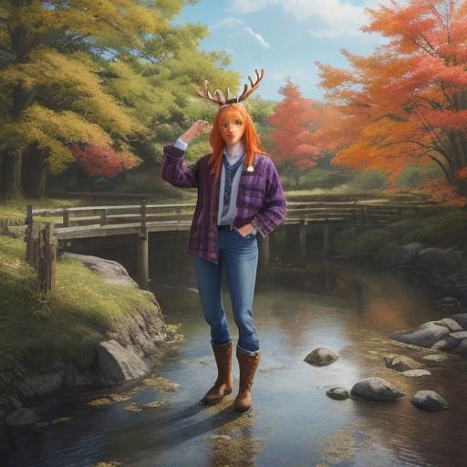 Anime Woman with Antlers and Rabbit Ears in 3D