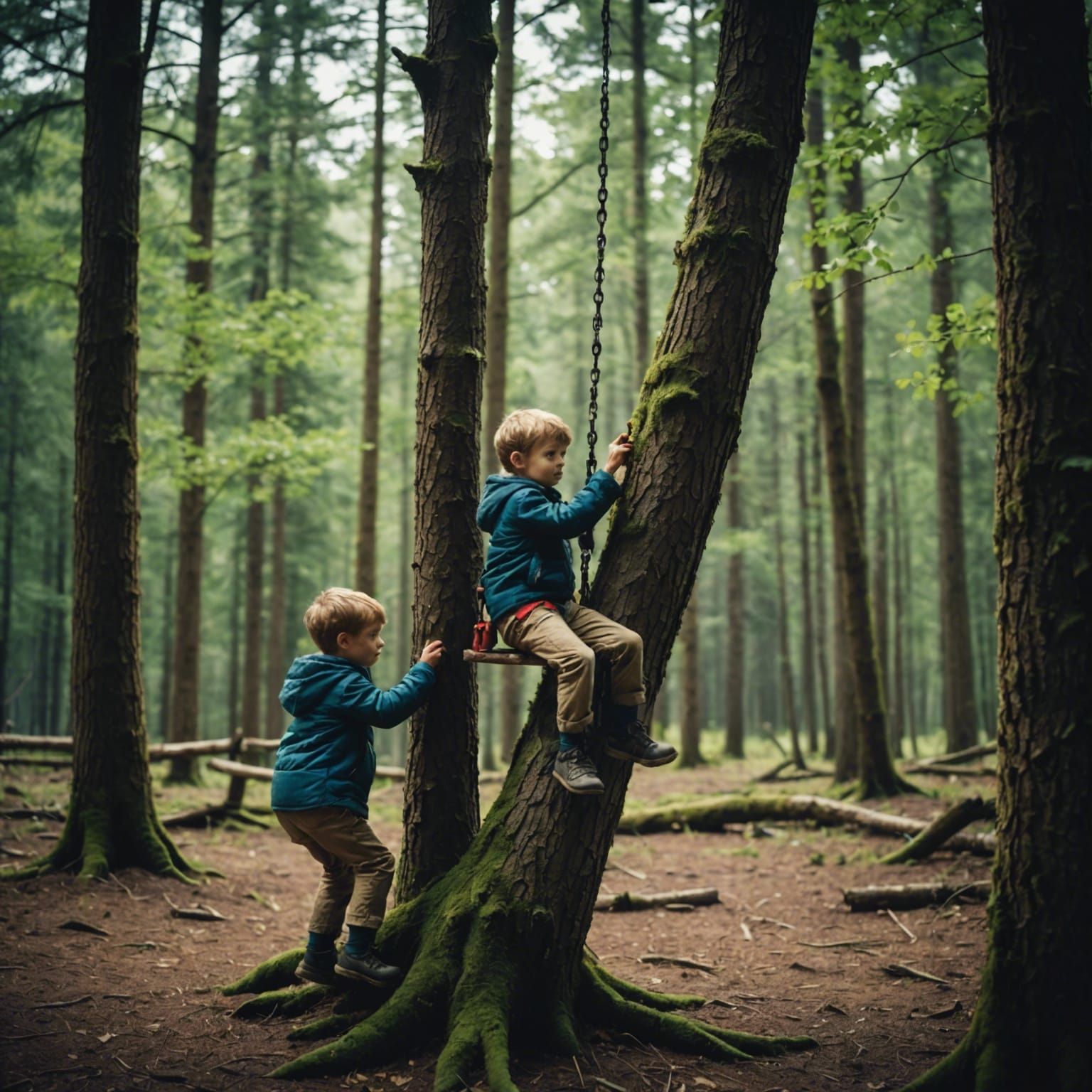 Boys Climbing Tree in Forest: Cinematic Film Still