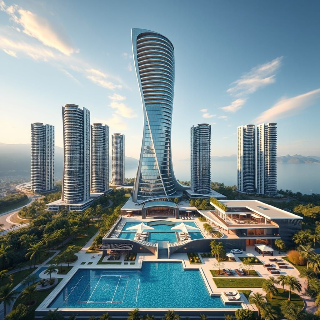 Sleek, Futuristic Residential Tower in Hyper-Realistic Style